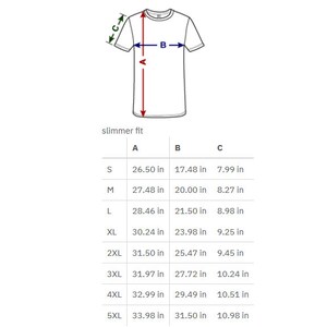 Puede incluir: Tabla de tallas para una camiseta de ajuste delgado con medidas en pulgadas para la longitud, el ancho y la longitud de la manga. Las tallas van de la S a la 5XL.