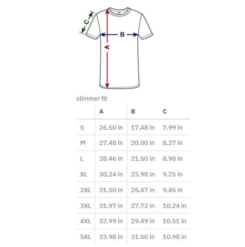 Puede incluir: Tabla de tallas para una camiseta de ajuste delgado con medidas en pulgadas para la longitud, el ancho y la longitud de la manga. Las tallas van de la S a la 5XL.