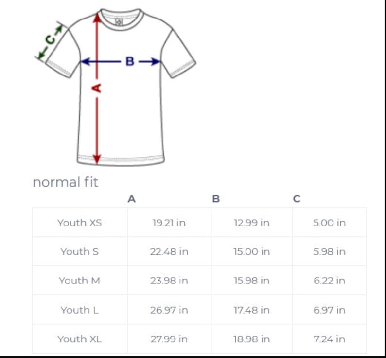Puede incluir: Un gr&aacute;fico que muestra las medidas en pulgadas de una camiseta para j&oacute;venes en tallas XS, S, M, L y XL. Las medidas son para la longitud, el ancho y la longitud de la manga.