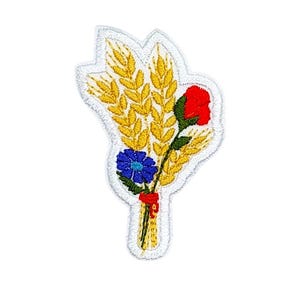 May include: Embroidered patch featuring a wheat sheaf with a red poppy and blue flowers. The patch has a white border and is designed with yellow, red, blue, and green thread. This patch is suitable for clothing or accessories.