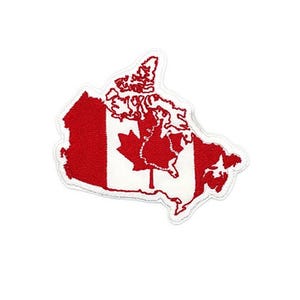 Peut inclure: Patch brodé rouge et blanc du drapeau canadien en forme du Canada.