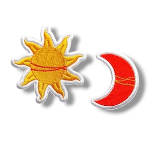 Set of 2 Embroidered Sun and Moon Patches with Red Thread – Symbolic Patches for Couples, Anniversary or Wedding, Gift for love.