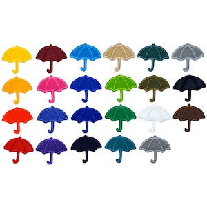 Puede incluir: Una colección de coloridos dijes en forma de paraguas en varios tonos, incluyendo amarillo, rojo, rosa, azul, verde y marrón. Los dijes están dispuestos sobre un fondo blanco, mostrando sus diversos colores y diseños. Ideal para manualidades y creación de joyas.