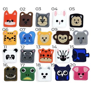 May include: A collection of twenty embroidered animal patches, each with a unique design. The patches feature various animals, including a fox, bear, dog, rabbit, hedgehog, tiger, elephant, lion, monkey, koala, panda, hippo, tiger, zebra, fish, crocodile, frog, polar bear, owl, and pig.