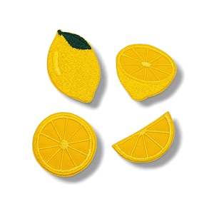 May include: Four embroidered lemon patches in various forms: a whole lemon with a green leaf, a lemon half, a lemon slice, and a lemon wedge. The patches are yellow with detailed stitching, perfect for crafting projects.