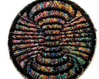 Multicolor vertigo patch, Black and rainbow embroidered optical illusion patch, embroidered curiosity sew on pin patch