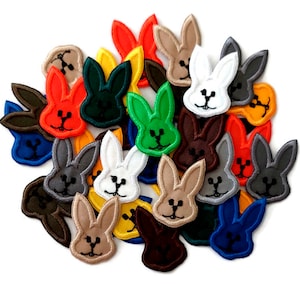 Rabbit embroidered patch. Mini-colored bunny patch. Sets of 5 pcs., 10 pcs., 50 pcs., 100 pcs., 1.37 in tall, Iron on, Sew on