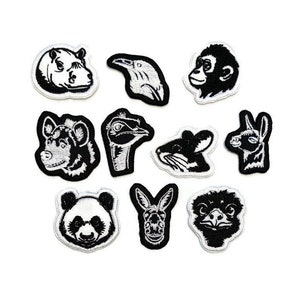 Small animal patches, black and white, wildlife patch, animal embroidery, hippo patch, hyena patch, crow patch, donkey patch iron on, sew on