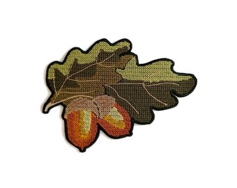 Oak branch embroidered patch, acorns embroidered patch, forest acorn machine cross stitched embroidery, Botanical iron on patch.