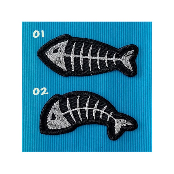 Silver fish skeleton patch. Machine embroidered fishing patch. Sew on metallized silver fish skeleton patch