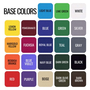 May include: A color chart showing 18 different fabric colors. The colors are arranged in four rows of four colors each. The colors are: Lemon Yellow, Pomegranate, Blue, Green, Silver, Marigold Yellow, Fuchsia, Royal Blue, Teal, Gray, Reddish Orange, Blue Violet, Navy Blue, Dark Green, Black, Red, Purple, Beige, Dark Olive Green, and Dark Brown.