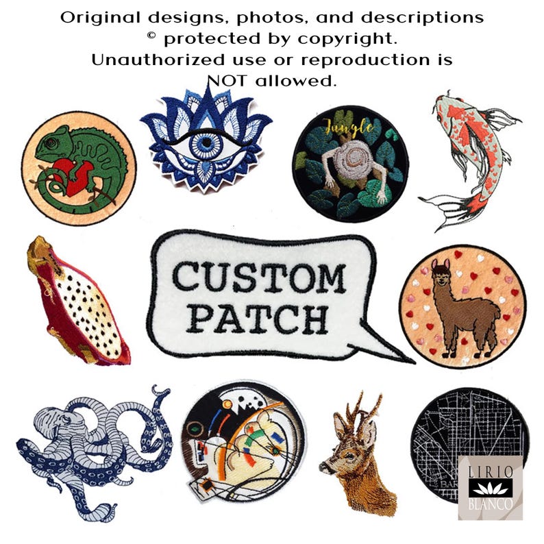 May include: A collection of embroidered patches with various designs, including a chameleon, an eye, a koi fish, a dragon fruit, an octopus, a deer, and a llama. One patch reads "CUSTOM PATCH". The patches are colorful and detailed.