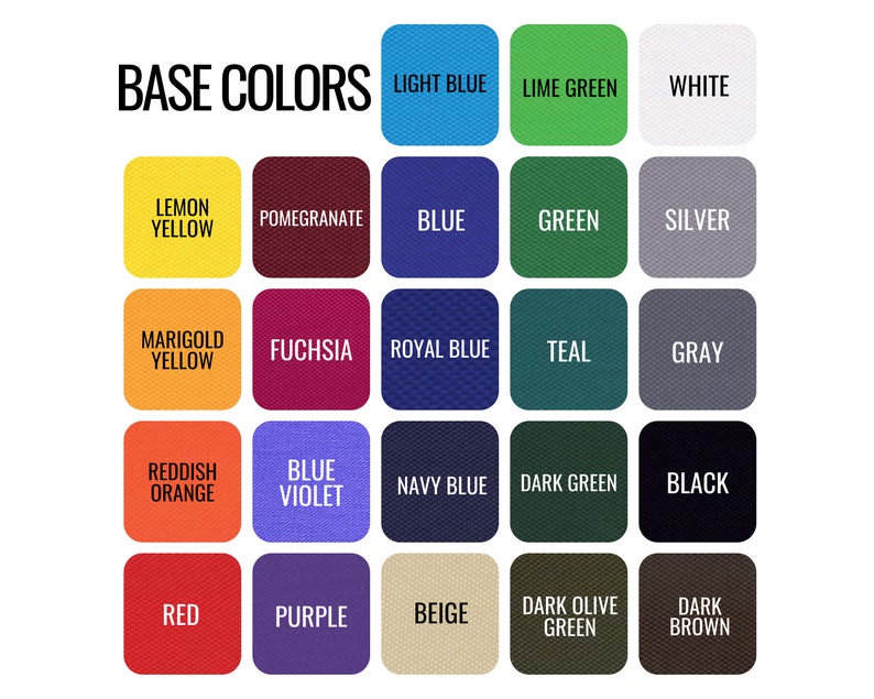 May include: A colour chart displaying 18 different fabric colours. The colours are arranged in four rows of four colours each. The colours are: Lemon Yellow, Pomegranate, Blue, Green, Silver, Marigold Yellow, Fuchsia, Royal Blue, Teal, Grey, Reddish Orange, Blue Violet, Navy Blue, Dark Green, Black, Red, Purple, Beige, Dark Olive Green, and Dark Brown.