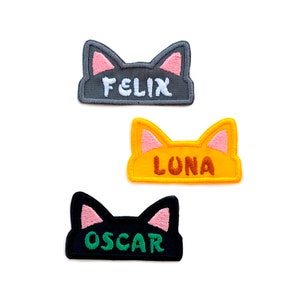 Cat name patch. Embroidered pet nametag. Cat ears name patch. Iron on. Sew on.
