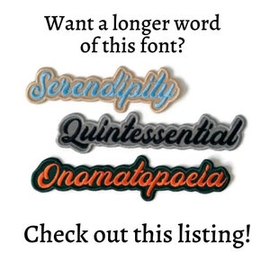 May include: Three embroidered patches with the words "Serendipity", "Quintessential", and "Onomatopoeia" in a cursive font. The patches are beige, gray, and green with orange lettering.