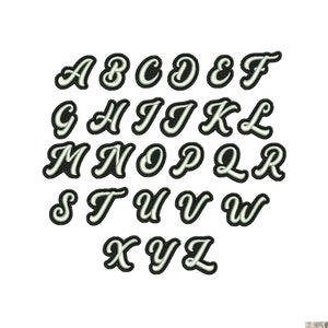 May include: A set of 26 uppercase letters in a white script font with black outlines. The letters are arranged in alphabetical order.