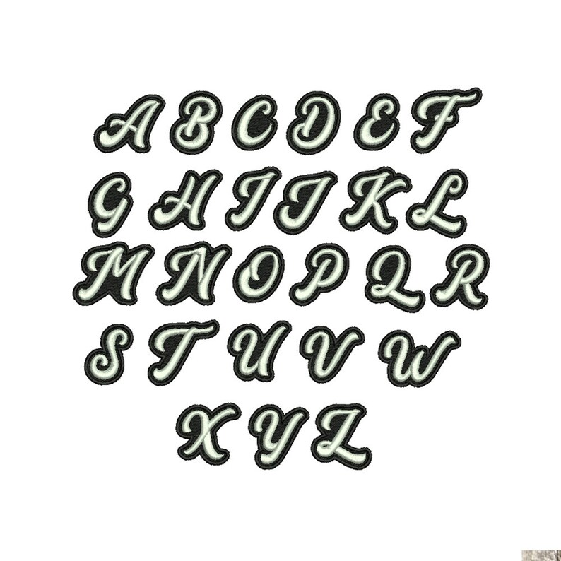 May include: A set of 26 uppercase letters in a white script font with black outlines. The letters are arranged in alphabetical order.