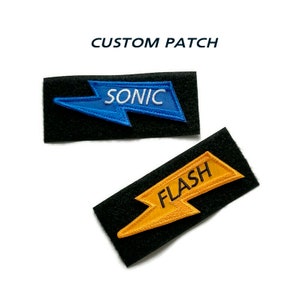 Lightning Patch, Custom Embroidered Name. Custom Name Tags. Personalized Name Patch. Custom text. Iron on. Sew on. Hook and loop.