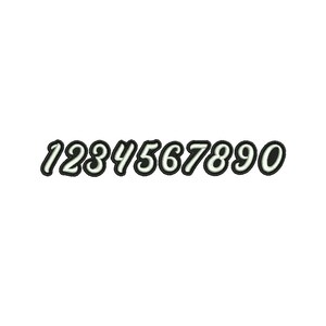 May include: White numbers 1 through 9 and 0 in a stylized font with a black outline.