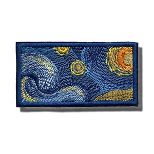 May include: Embroidered patch featuring a stylized depiction of Van Gogh's "Starry Night." The patch showcases swirling blue brushstrokes, yellow stars, and an orange crescent moon, all within a dark blue border. This patch is rectangular in shape.