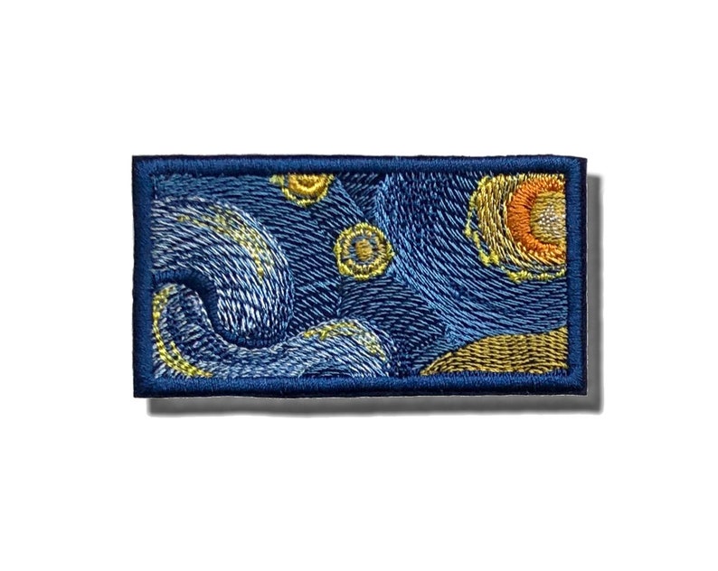 May include: Embroidered patch featuring a stylized depiction of Van Gogh's "Starry Night." The patch showcases swirling blue brushstrokes, yellow stars, and an orange crescent moon, all within a dark blue border. This patch is rectangular in shape.