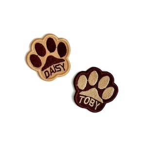 Pet name patch of a dog paw print. Embroidered pet nametag. Paw print name patch. Iron on. Sew on.