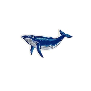 May include: A blue whale embroidered patch. The whale is facing right and has a white outline.