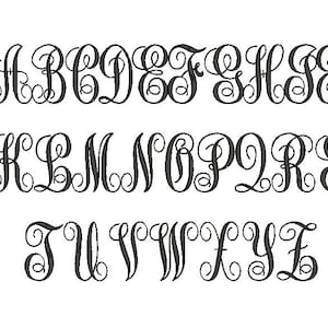 May include: A set of uppercase letters in a decorative script font. The letters are styled with swirls and flourishes. The letters are arranged in three rows, with the first row containing the letters A through I, the second row containing the letters J through S, and the third row containing the letters T through Z.