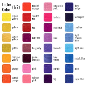 May include: A colour chart with 48 different shades of colour, organised by colour family. The chart includes shades of yellow, red, pink, blue, and purple. Each colour is labelled with its name.