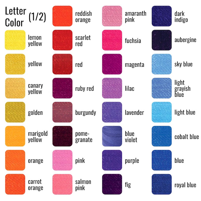 May include: A colour chart with 48 different shades of colour, organised by colour family. The chart includes shades of yellow, red, pink, blue, and purple. Each colour is labelled with its name.