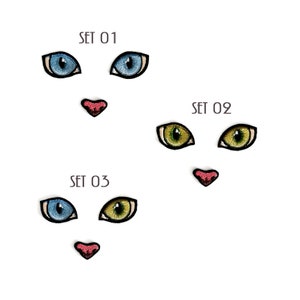 Cat&#39;s eyes patches. Cat eyes and nose patches. Animal eyes embroidered patches, Iron on, Sew on. Size W 1,18in/ 3cm.