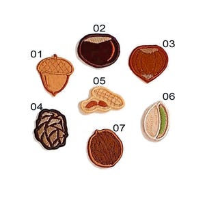 Set med filtlappar på skogsträd och frukt. Ekollonlappar, kastanjer, tallkottar, hasselnötter, pistage och valnötter. Broderade höstlöv.