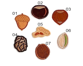 Set of forest tree fruit felt patches. Acorn patches, conker, pinecone, hazelnut, pistachio, walnut patches.  Embroidered autumn leaves.