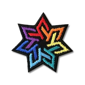 May include: Rainbow colored embroidered patch in the shape of a six-pointed star.