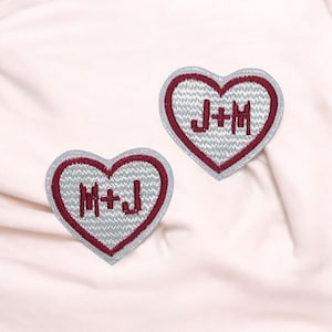 Set of TWO hearts with initials. Embroidered hearts W 2". White Heart patches. Iron Sew on.