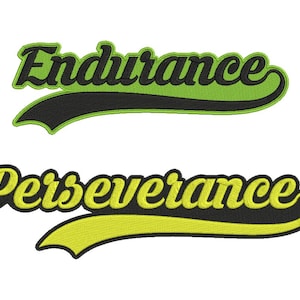 May include: Two embroidered patches with a vintage baseball style font. The top patch is green with black text that reads "Endurance". The bottom patch is yellow with black text that reads "Perseverance".