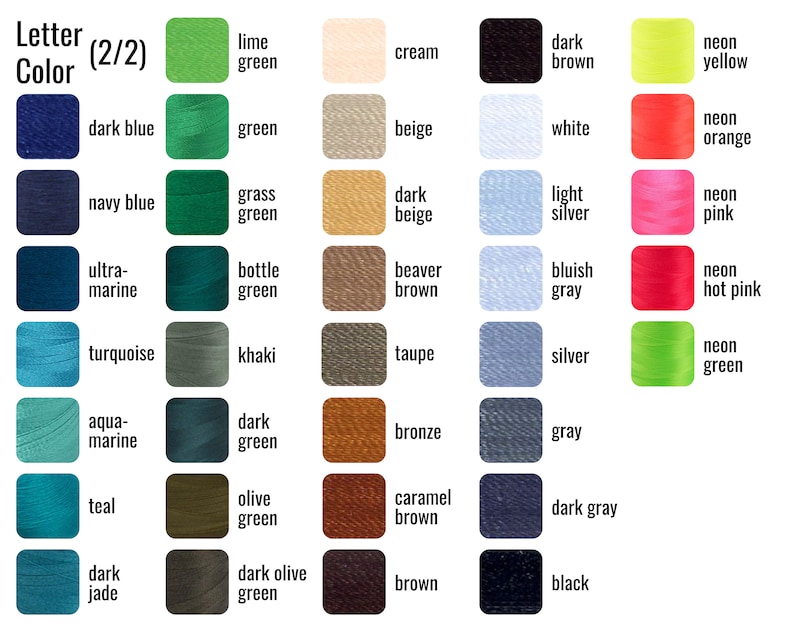May include: A colour chart with 60 different thread colours, including shades of green, blue, brown, beige, grey, and pink. The chart is labelled "Letter Colour (2/2)".