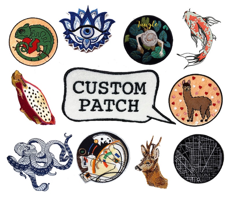 May include: A collection of embroidered patches featuring various designs. Includes a chameleon with a heart, an eye, a snail, a koi fish, a dragon fruit, a llama, an octopus, an abstract design, a deer, and a map of Barcelona. The text "CUSTOM PATCH" is also present.