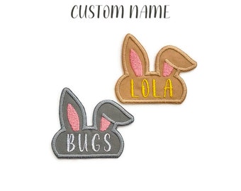 Bunny ears name patch, fun animal ears nametag, embroidered bunny ears patch for kids, iron on, sew on