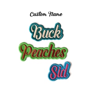 以下が含まれることがあります： 白地に、異なる色とフォントで「バック」、「ピーチ」、「シッド」という名前が刺繍された3つのパッチ。