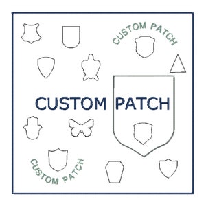 May include: A white background with a dark blue border features the words "CUSTOM PATCH" and various patch shape outlines. The words "CUSTOM PATCH" are also in a circular pattern in light green.