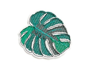 Monstera leaf embroidered patch, monstera plant embroidered patch, Botanical iron on patch.