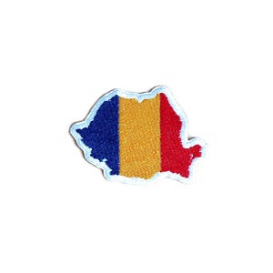 May include: An embroidered patch shaped like the outline of Romania with the Romanian flag colors: blue, yellow, and red.