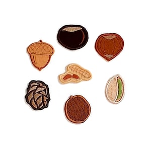 Set of forest tree fruit felt patches. Acorn patches, conker, pinecone, hazelnut, pistachio, walnut patches. Botanical iron on patches.