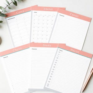 May include: A set of five rectangular paper planning sheets with coral pink headers featuring white text labels including Covey, Chelist, Cwnist, Chcist, Study, and Stucist. Each sheet contains white lined or grid layouts for organization and task tracking.