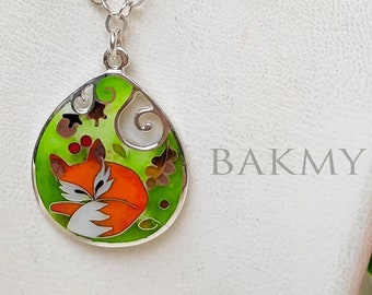 Fox Cloisonne Enamel Pendant. Cloisonne Enamel Pendant. Sterling Silver.  Hot Enamel. Silver jewelry. Gift for Her