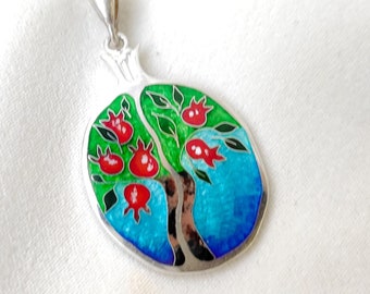 Pomegranate Tree Pendant with Cloisonne Enamel Pomegranate Silver necklace 925 Georgian Enamel