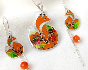 Black Friday Sale! Christmas Gift! Fox Cloisonne Enamel Pendant and Earrings. Georgian Enamel Cute Fox Necklace Finest Silver 925