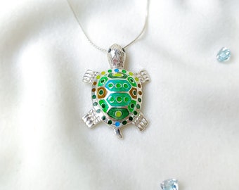 Colorful Turtle Enamel Fine Silver Pendant Necklace Charm