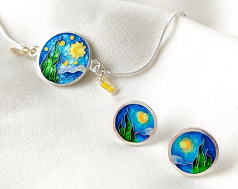 Van Gogh Starry Night Cloisonne enamel bracelet, earrings with zircon. Wearable art. Silver earrings. Silver Bracelet. Gift for Her